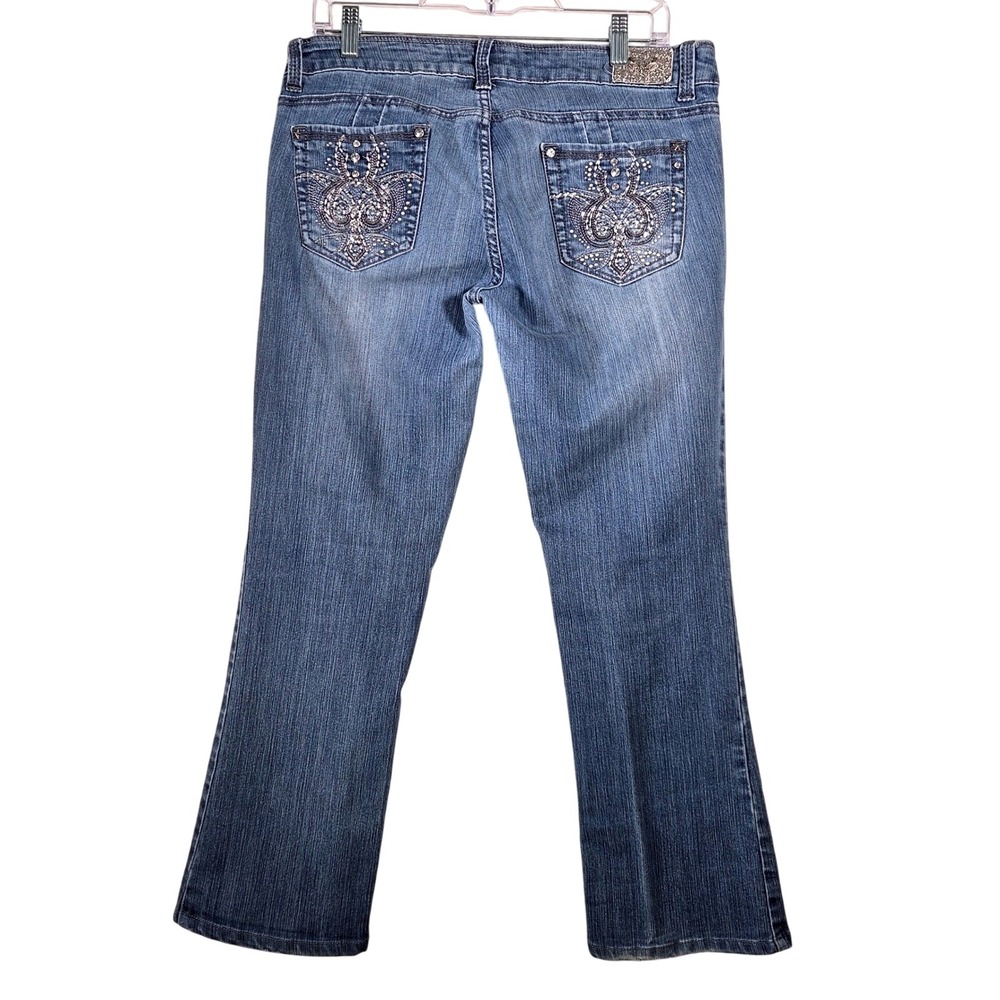 Y2K Low Rise Flare Jeans Womens Size 10‎ Blue Denim Embellished Pocket Bootcut